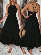 Breezaya Summer Holiday Solid Color Textured Backless Dress For New Year Clothes Maxi Vacation Beach Outfits Women