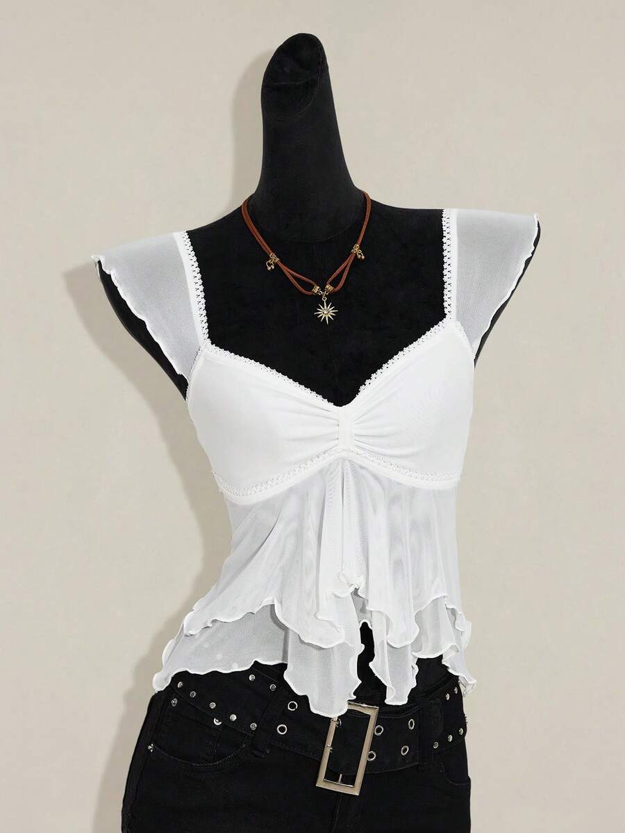 SHEIN ICON Women Ruched Front Slim-Fit Sexy Mesh Patchwork Tie Back Flutter Sleeveless Cami Top, Casual Vacation Top Ruffle Top