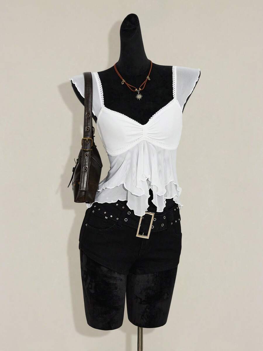 SHEIN ICON Women Ruched Front Slim-Fit Sexy Mesh Patchwork Tie Back Flutter Sleeveless Cami Top, Casual Vacation Top Ruffle Top