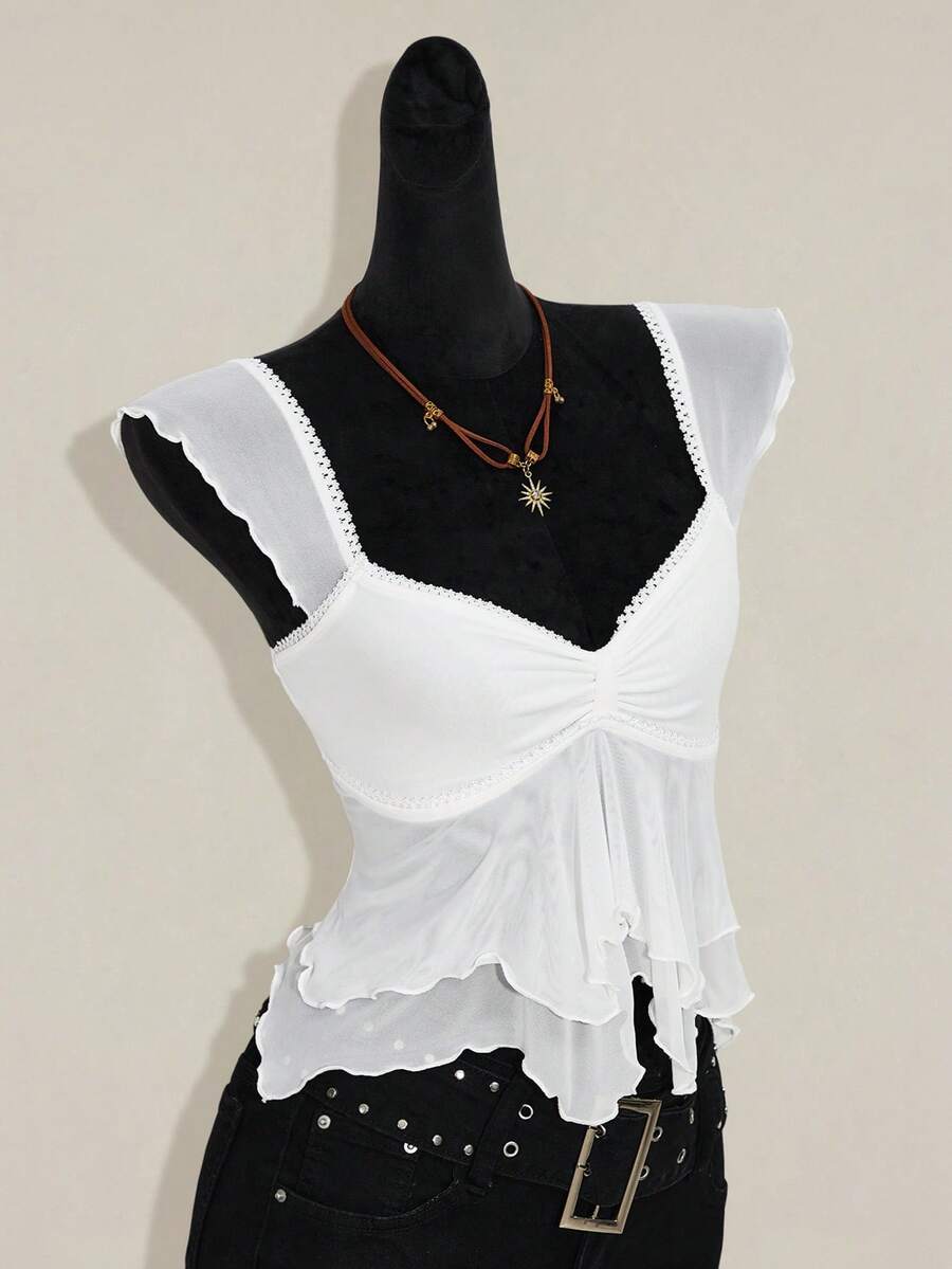 SHEIN ICON Women Ruched Front Slim-Fit Sexy Mesh Patchwork Tie Back Flutter Sleeveless Cami Top, Casual Vacation Top Ruffle Top