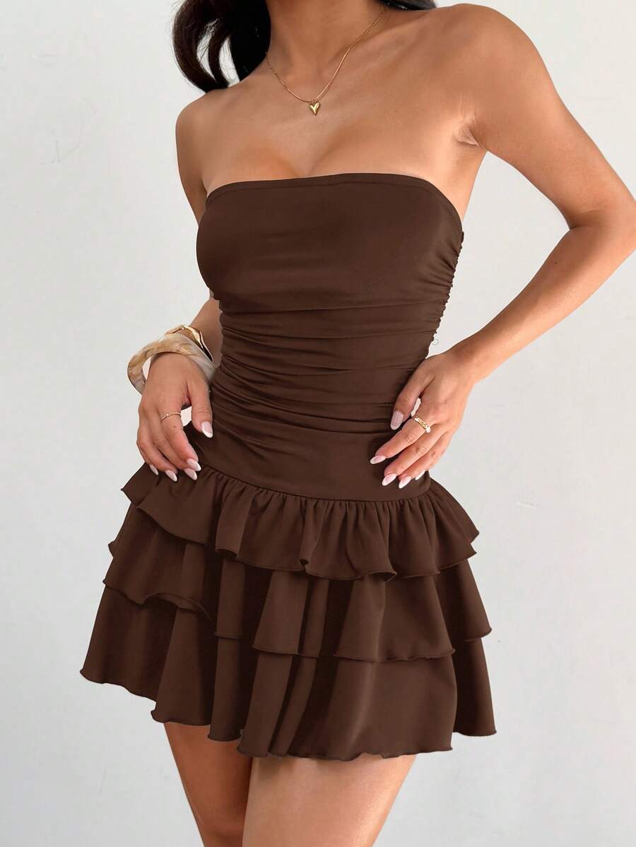 MainGRL Knitted Fabric A-Line Sleeveless Mini Dress In Burgundy Tube Top Dress Ruffle Dress,Party Dress
