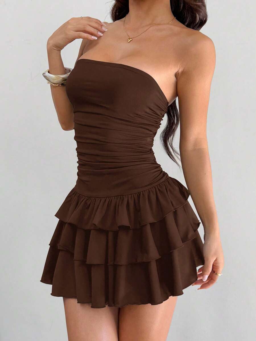 MainGRL Knitted Fabric A-Line Sleeveless Mini Dress In Burgundy Tube Top Dress Ruffle Dress,Party Dress