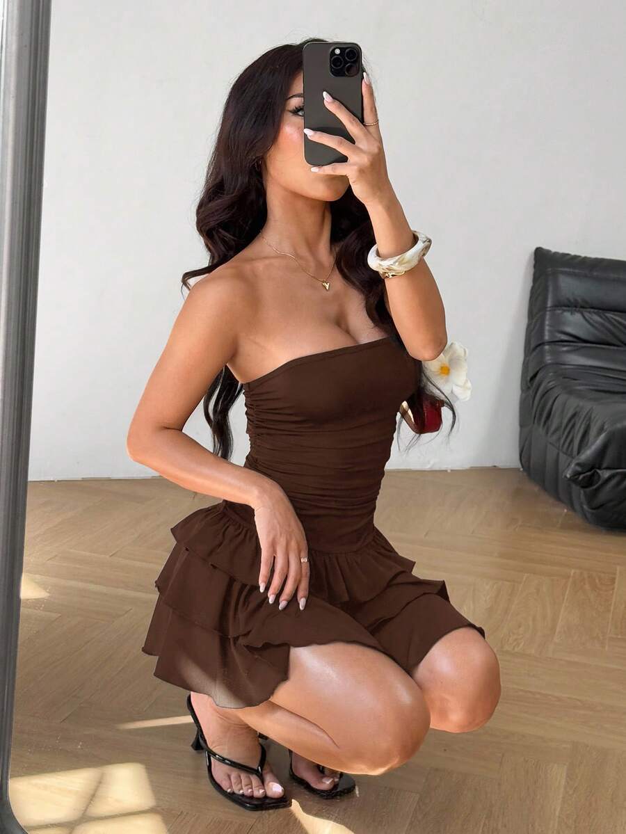 MainGRL Knitted Fabric A-Line Sleeveless Mini Dress In Burgundy Tube Top Dress Ruffle Dress,Party Dress