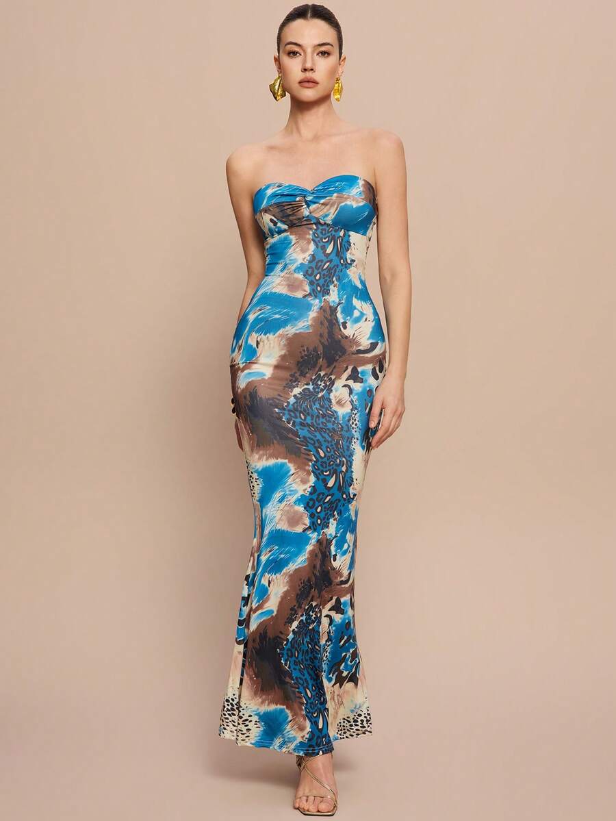 Selianne Sleeveless Twist Cutout Back Tie Up Bodycon Maxi Leopard Print Dress