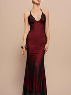 Selianne V-Neck Contrast Lace Backless Criss-Cross Strap Fishnet Mermaid Hem Bodycon Slip Dress For Women Maxi Women Outfit