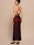 Selianne V-Neck Contrast Lace Backless Criss-Cross Strap Fishnet Mermaid Hem Bodycon Slip Dress For Women Maxi Women Outfit