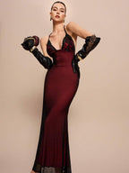 Selianne V-Neck Contrast Lace Backless Criss-Cross Strap Fishnet Mermaid Hem Bodycon Slip Dress For Women Maxi Women Outfit
