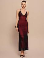 Selianne V-Neck Contrast Lace Backless Criss-Cross Strap Fishnet Mermaid Hem Bodycon Slip Dress For Women Maxi Women Outfit