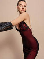 Selianne V-Neck Contrast Lace Backless Criss-Cross Strap Fishnet Mermaid Hem Bodycon Slip Dress For Women Maxi Women Outfit