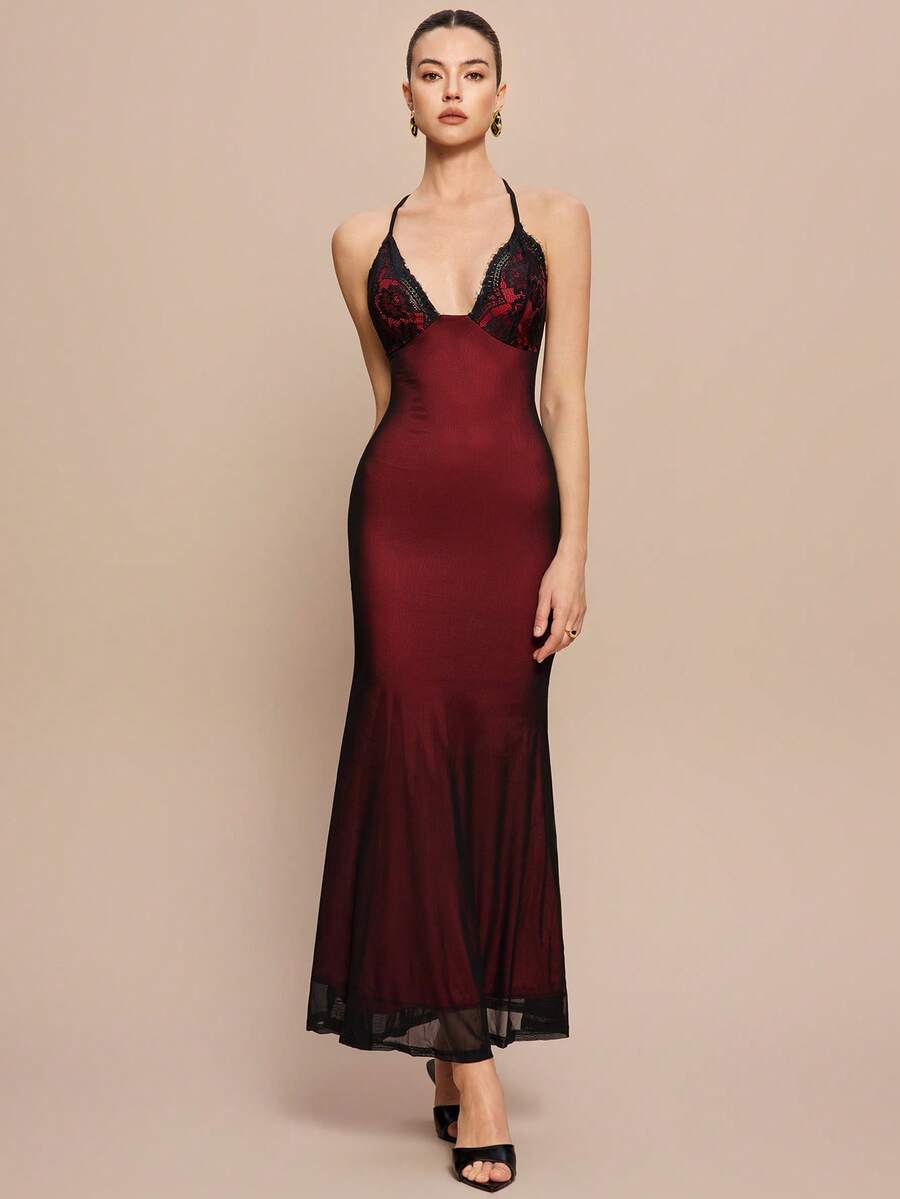 Selianne V-Neck Contrast Lace Backless Criss-Cross Strap Fishnet Mermaid Hem Bodycon Slip Dress For Women Maxi Women Outfit