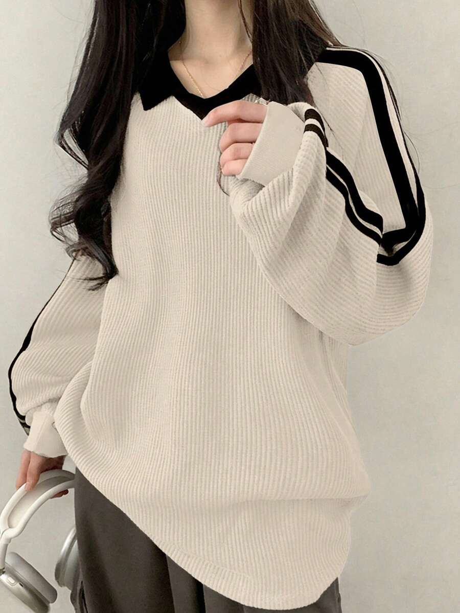 DAZY Women's Contrast Color Block Striped Long Sleeve Casual Letter Print Sweatshirt, Collegiate Style,Long Sleeve Tops,Fall Clothes