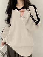 DAZY Women's Contrast Color Block Striped Long Sleeve Casual Letter Print Sweatshirt, Collegiate Style,Long Sleeve Tops,Fall Clothes