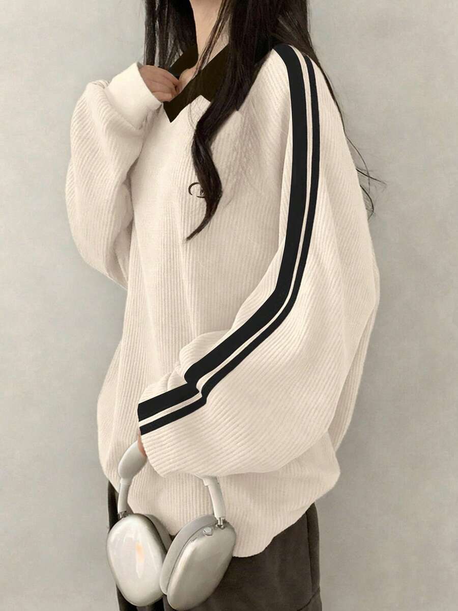 DAZY Women's Contrast Color Block Striped Long Sleeve Casual Letter Print Sweatshirt, Collegiate Style,Long Sleeve Tops,Fall Clothes