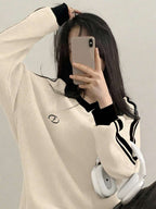 DAZY Women's Contrast Color Block Striped Long Sleeve Casual Letter Print Sweatshirt, Collegiate Style,Long Sleeve Tops,Fall Clothes