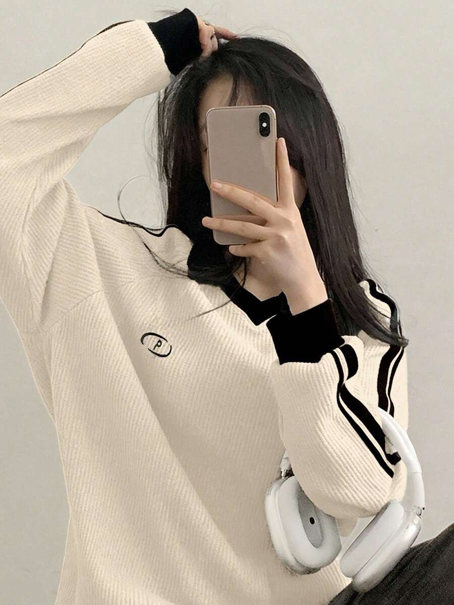 DAZY Women's Contrast Color Block Striped Long Sleeve Casual Letter Print Sweatshirt, Collegiate Style,Long Sleeve Tops,Fall Clothes