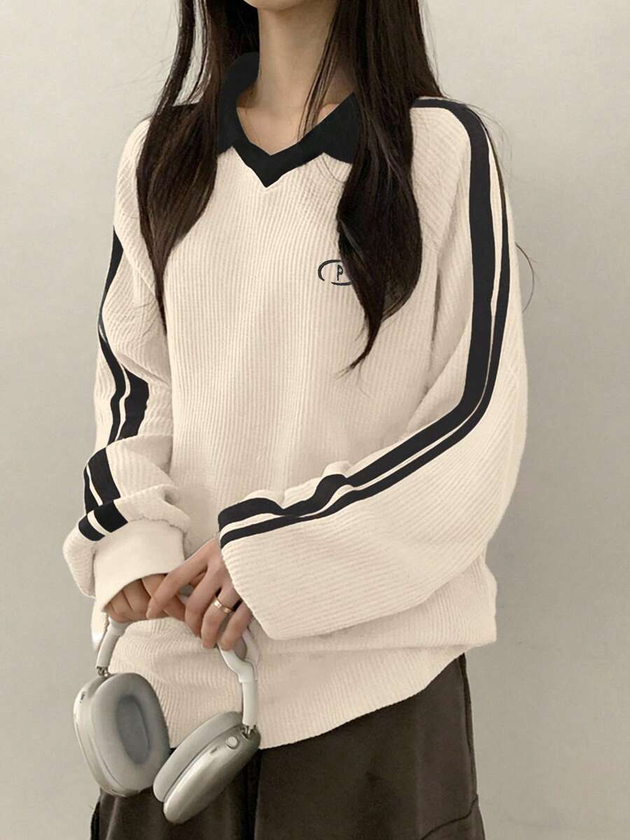DAZY Women's Contrast Color Block Striped Long Sleeve Casual Letter Print Sweatshirt, Collegiate Style,Long Sleeve Tops,Fall Clothes