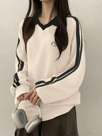 DAZY Women's Contrast Color Block Striped Long Sleeve Casual Letter Print Sweatshirt, Collegiate Style,Long Sleeve Tops,Fall Clothes