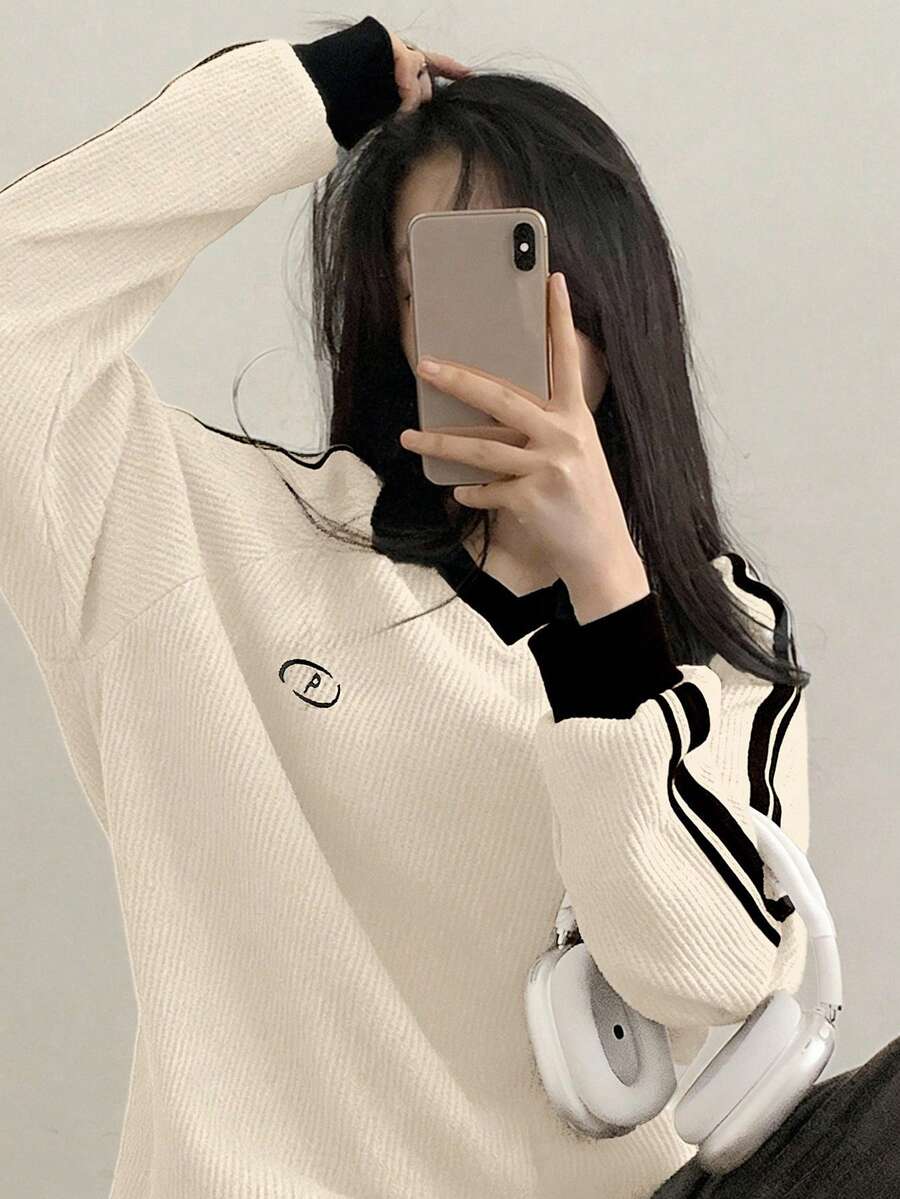 DAZY Women's Contrast Color Block Striped Long Sleeve Casual Letter Print Sweatshirt, Collegiate Style,Long Sleeve Tops,Fall Clothes