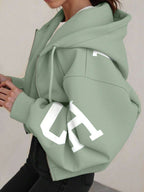 INAWLY Hooded Thermal Lined Sweatshirt, Autumn/Winter Short Loose Jacket,Ladies Spring/Fall Casual Pocket,Zipper Three Quarter Length Sleeve Hooded Oversized Regular Apricot Drop Shoulder Zip Up Women Hoodies,Three Quarter Sleeve Tops Graduation,Back To School Outfits,Graduation,Teacher Outfits For Women,Back To School Pullover