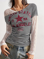 Bohemela Boho Contrast Lace Knit Casual Blouse For Women, Suitable For Autumn, Valentine's Day, New Year, Music Festival