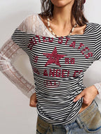 Bohemela Boho Contrast Lace Knit Casual Blouse For Women, Suitable For Autumn, Valentine's Day, New Year, Music Festival