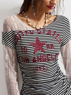 Bohemela Boho Contrast Lace Knit Casual Blouse For Women, Suitable For Autumn, Valentine's Day, New Year, Music Festival