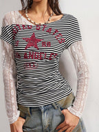 Bohemela Boho Contrast Lace Knit Casual Blouse For Women, Suitable For Autumn, Valentine's Day, New Year, Music Festival
