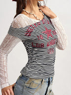 Bohemela Boho Contrast Lace Knit Casual Blouse For Women, Suitable For Autumn, Valentine's Day, New Year, Music Festival