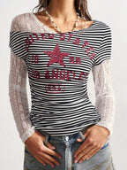 Bohemela Boho Contrast Lace Knit Casual Blouse For Women, Suitable For Autumn, Valentine's Day, New Year, Music Festival