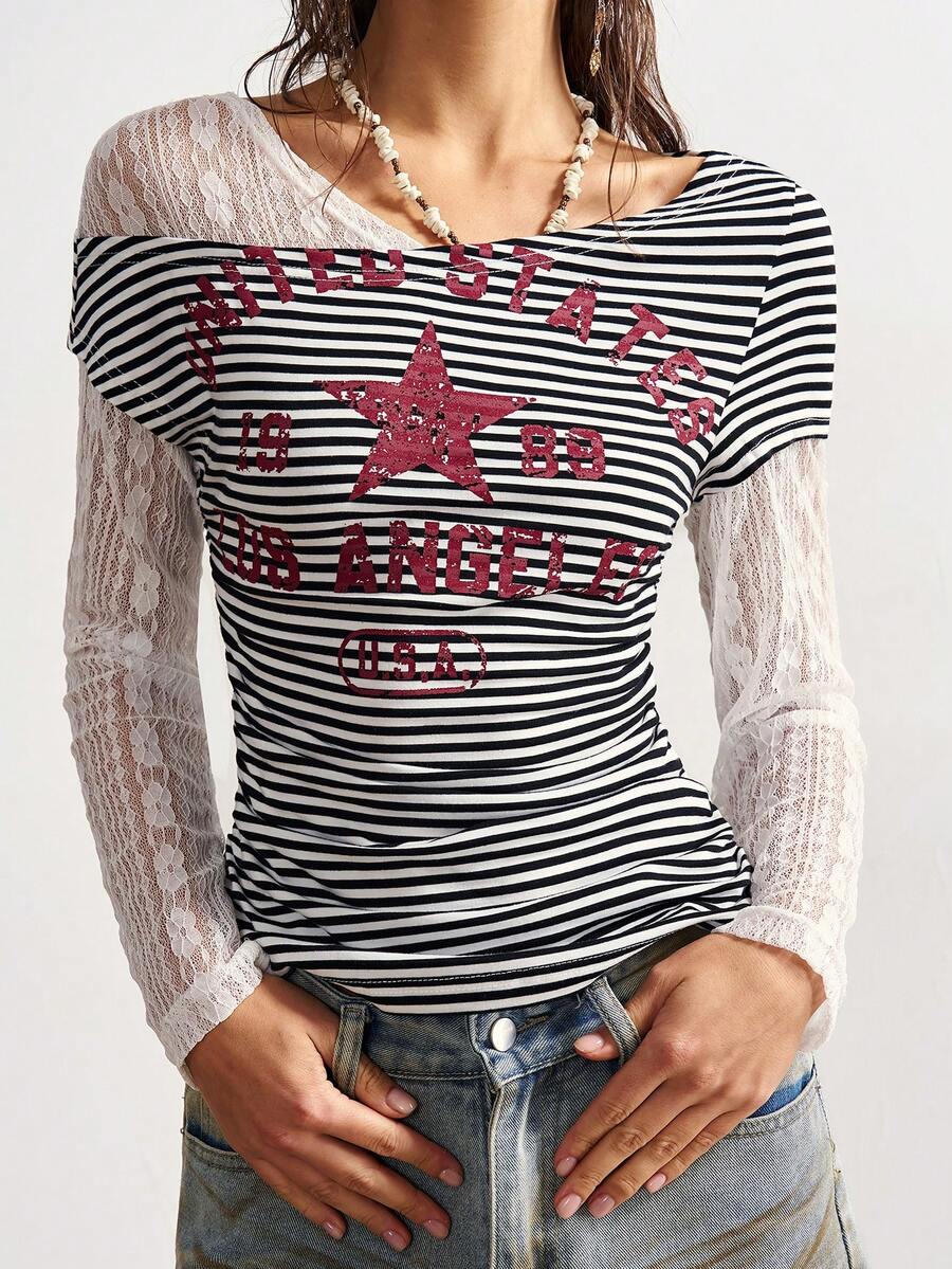 Bohemela Boho Contrast Lace Knit Casual Blouse For Women, Suitable For Autumn, Valentine's Day, New Year, Music Festival