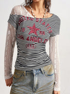 Bohemela Boho Contrast Lace Knit Casual Blouse For Women, Suitable For Autumn, Valentine's Day, New Year, Music Festival