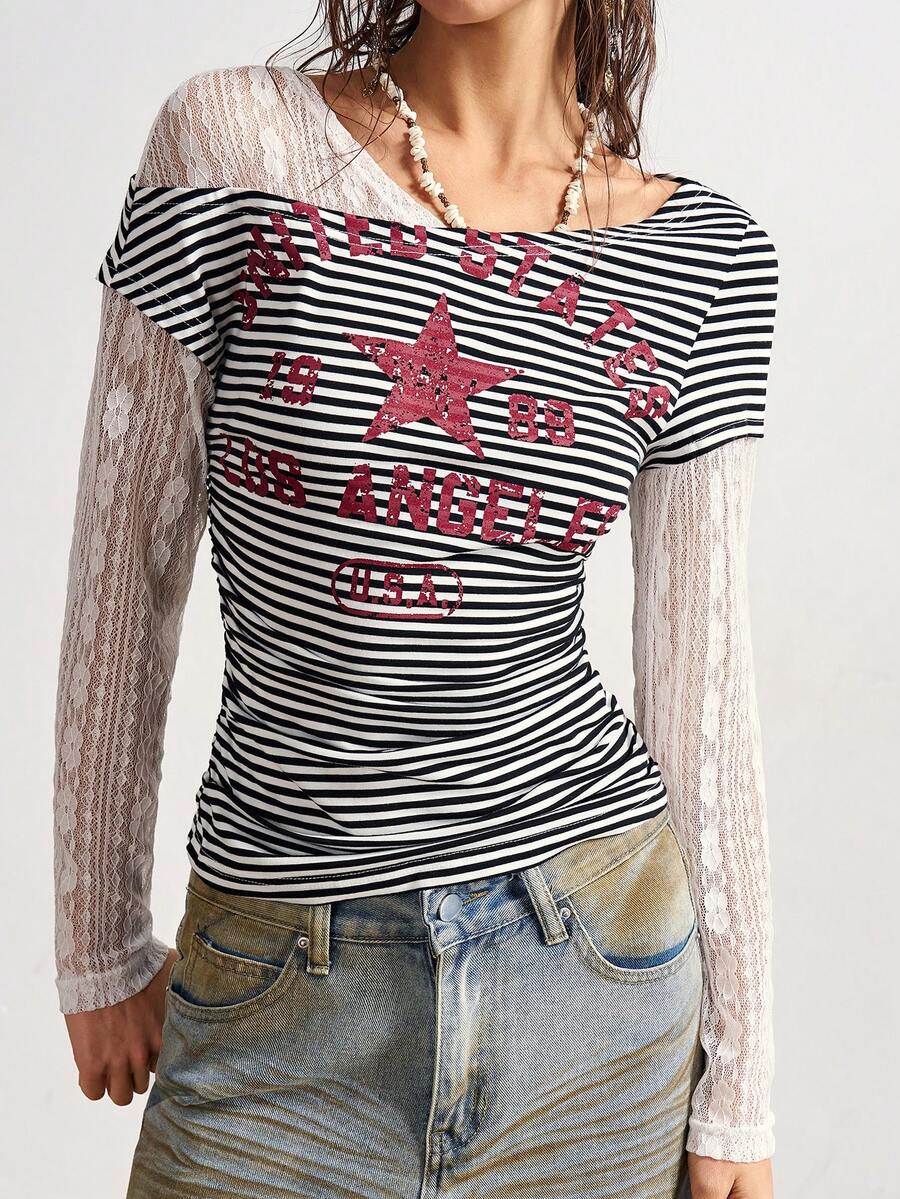 Bohemela Boho Contrast Lace Knit Casual Blouse For Women, Suitable For Autumn, Valentine's Day, New Year, Music Festival