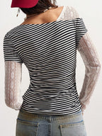 Bohemela Boho Contrast Lace Knit Casual Blouse For Women, Suitable For Autumn, Valentine's Day, New Year, Music Festival