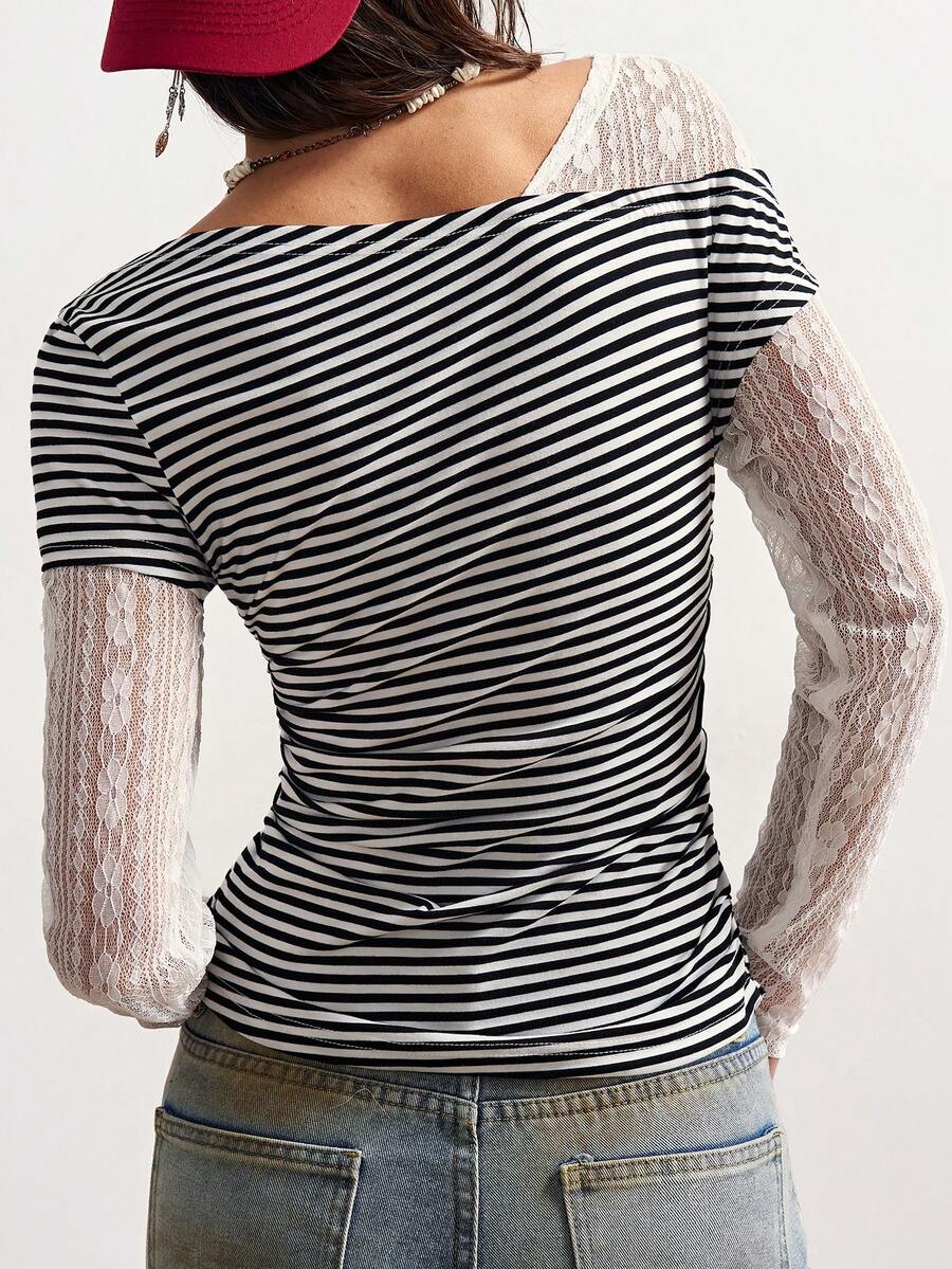 Bohemela Boho Contrast Lace Knit Casual Blouse For Women, Suitable For Autumn, Valentine's Day, New Year, Music Festival