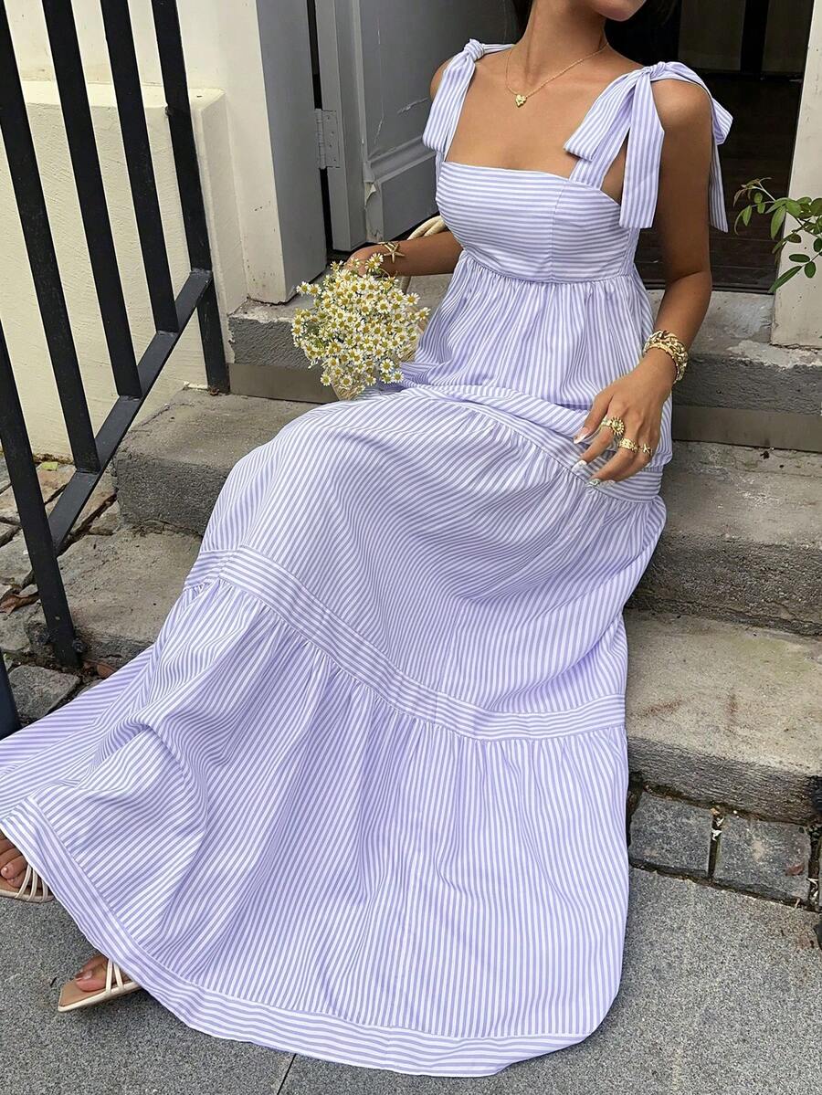 SHEIN Unity Blue Striped Square Neck High Waist Sleeveless Backless Spaghetti Strap Drawstring Maxi Dress, Sexy & Vacation Style, Spring/Summer