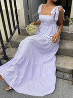 SHEIN Unity Blue Striped Square Neck High Waist Sleeveless Backless Spaghetti Strap Drawstring Maxi Dress, Sexy & Vacation Style, Spring/Summer