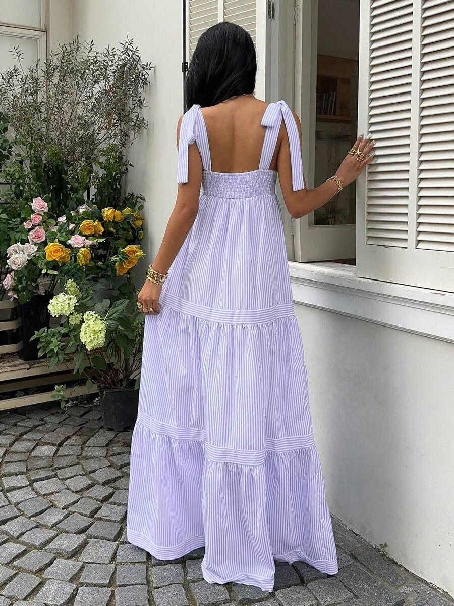 SHEIN Unity Blue Striped Square Neck High Waist Sleeveless Backless Spaghetti Strap Drawstring Maxi Dress, Sexy & Vacation Style, Spring/Summer