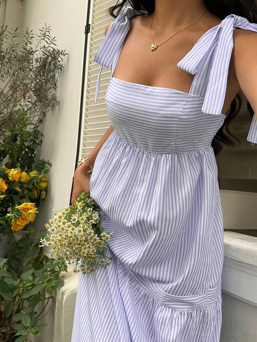 SHEIN Unity Blue Striped Square Neck High Waist Sleeveless Backless Spaghetti Strap Drawstring Maxi Dress, Sexy & Vacation Style, Spring/Summer