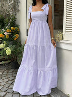 SHEIN Unity Blue Striped Square Neck High Waist Sleeveless Backless Spaghetti Strap Drawstring Maxi Dress, Sexy & Vacation Style, Spring/Summer