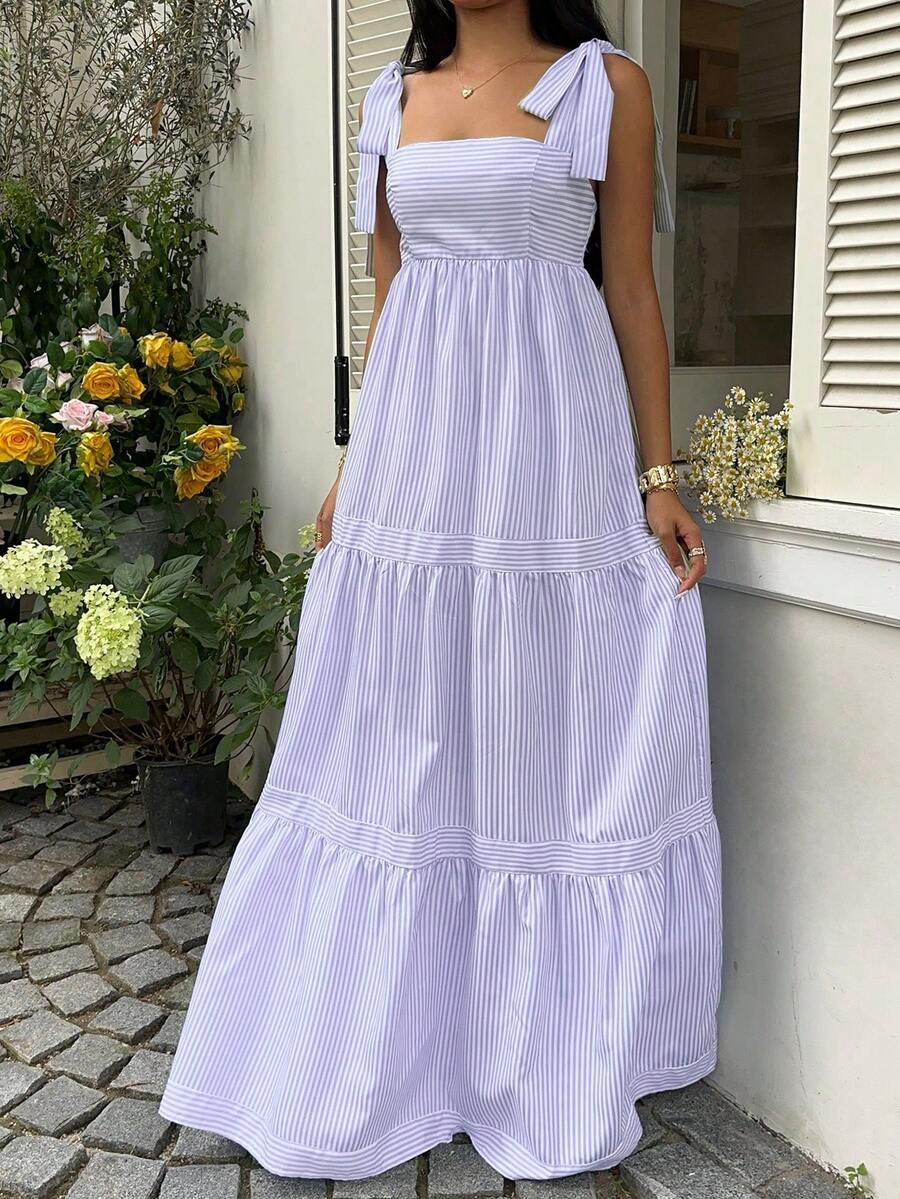 SHEIN Unity Blue Striped Square Neck High Waist Sleeveless Backless Spaghetti Strap Drawstring Maxi Dress, Sexy & Vacation Style, Spring/Summer