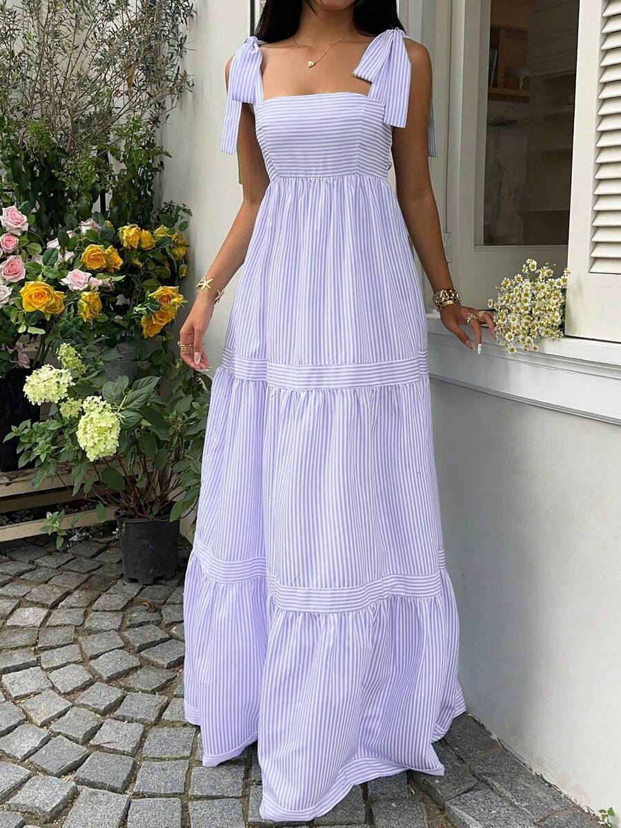 SHEIN Unity Blue Striped Square Neck High Waist Sleeveless Backless Spaghetti Strap Drawstring Maxi Dress, Sexy & Vacation Style, Spring/Summer