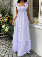 SHEIN Unity Blue Striped Square Neck High Waist Sleeveless Backless Spaghetti Strap Drawstring Maxi Dress, Sexy & Vacation Style, Spring/Summer