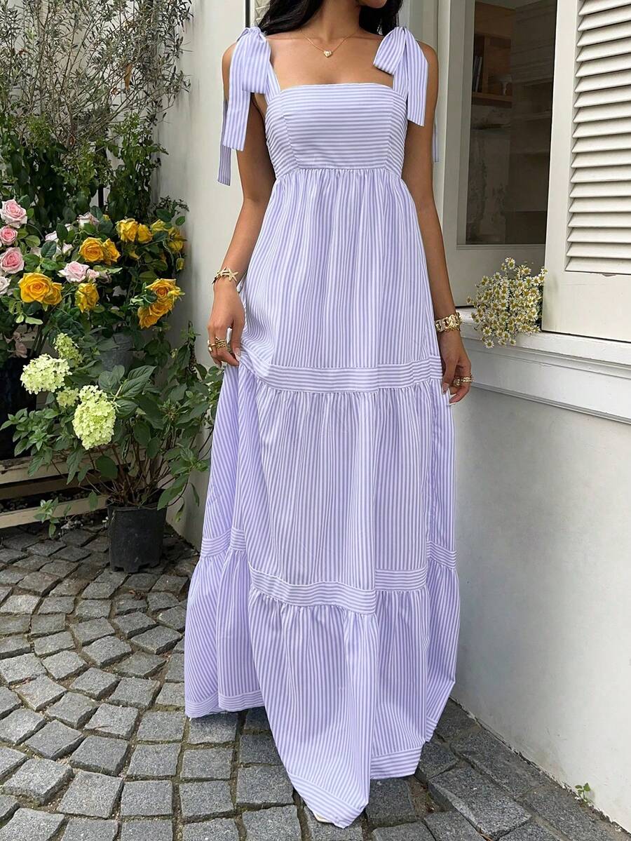 SHEIN Unity Blue Striped Square Neck High Waist Sleeveless Backless Spaghetti Strap Drawstring Maxi Dress, Sexy & Vacation Style, Spring/Summer