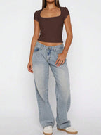Vaiaye Women's Spring-Summer Sexy Fitted Knit Top, Solid Color Square Neck Casual T-Shirt, Suitable For Valentine's Day