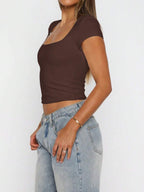 Vaiaye Women's Spring-Summer Sexy Fitted Knit Top, Solid Color Square Neck Casual T-Shirt, Suitable For Valentine's Day