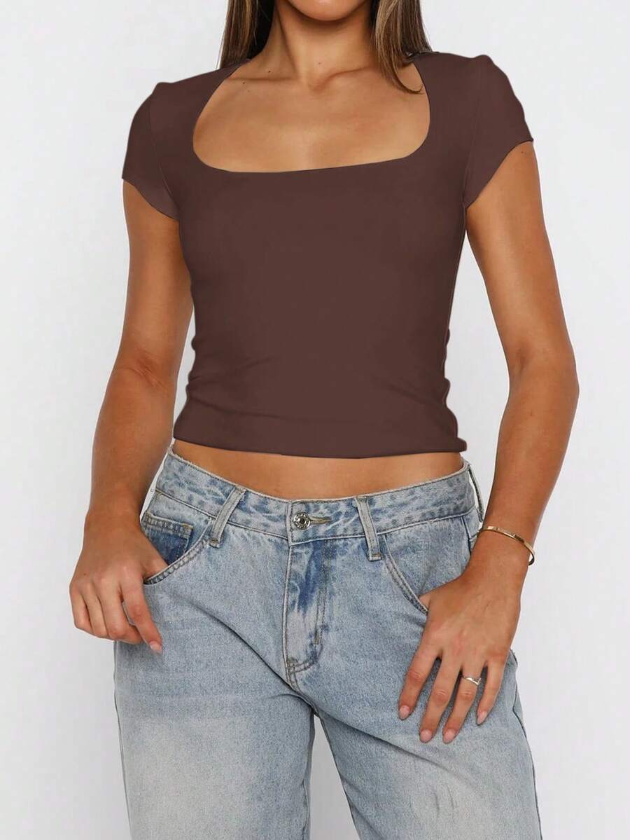 Vaiaye Women's Spring-Summer Sexy Fitted Knit Top, Solid Color Square Neck Casual T-Shirt, Suitable For Valentine's Day
