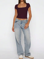 Vaiaye Women's Spring-Summer Sexy Fitted Knit Top, Solid Color Square Neck Casual T-Shirt, Suitable For Valentine's Day