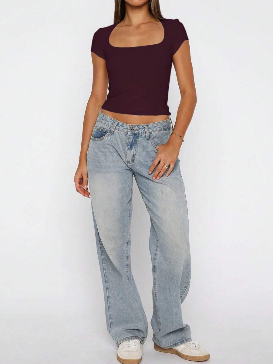 Vaiaye Women's Spring-Summer Sexy Fitted Knit Top, Solid Color Square Neck Casual T-Shirt, Suitable For Valentine's Day