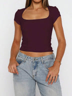 Vaiaye Women's Spring-Summer Sexy Fitted Knit Top, Solid Color Square Neck Casual T-Shirt, Suitable For Valentine's Day