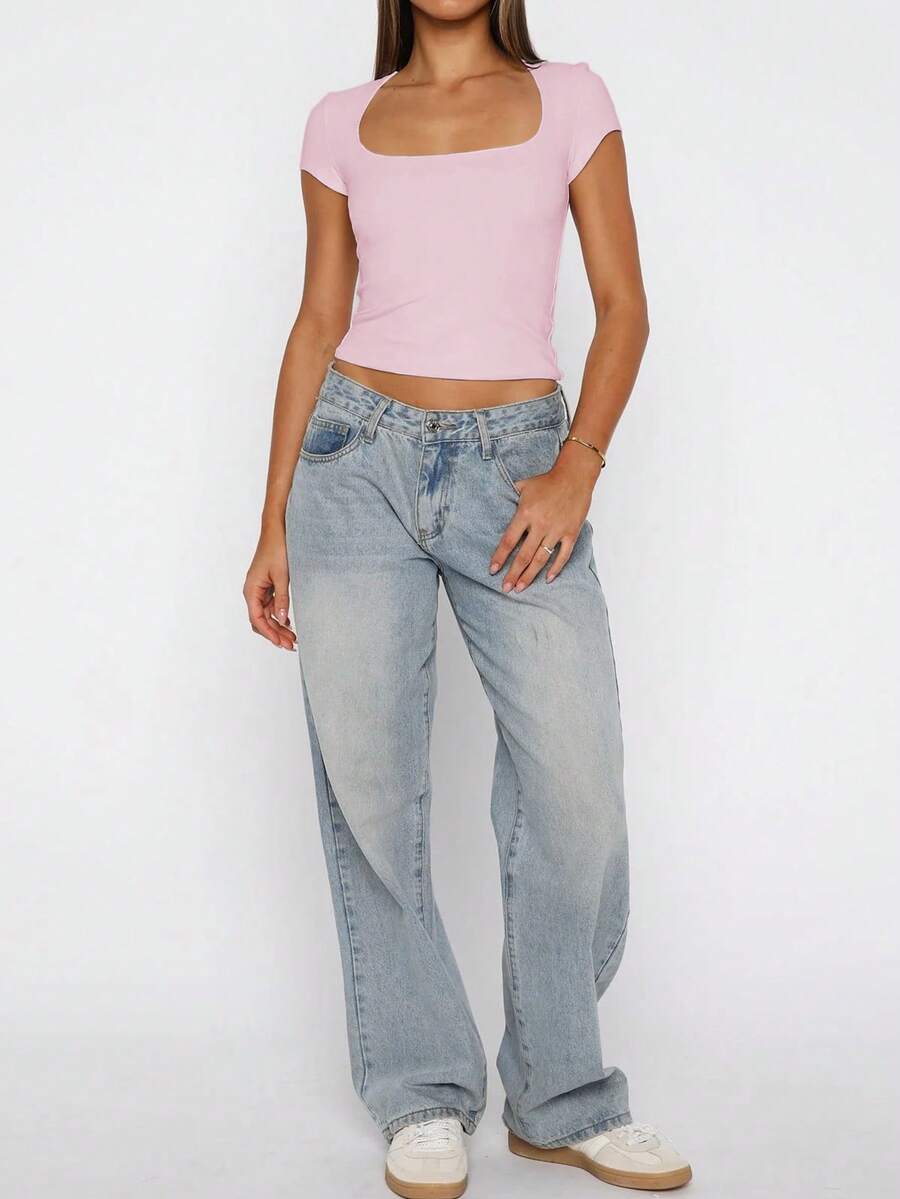Vaiaye Women's Spring-Summer Sexy Fitted Knit Top, Solid Color Square Neck Casual T-Shirt, Suitable For Valentine's Day